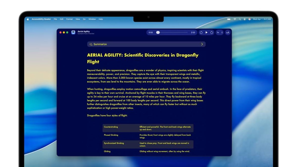 صفحه نمایش لپتاپ مکبوک که یک برنامه با نام “Aerial Agility” را نشان میدهد؛ متن درباره بالهای سنجاقک و سرعت پرواز آنها.
