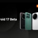 گوشیهای هوشمند Xiaomi با طراحی ماژول دوربین دایرهای در رنگهای مشکی، سبز، سفید و طلایی در کنار عنوان Android 17 Beta و لوگوی Mi و Android.