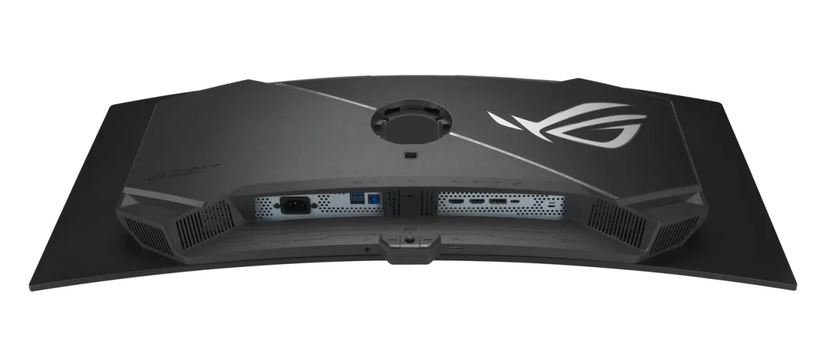 نمای پشت مانیتور خمیده ASUS ROG با نمایش پورتها شامل HDMI، DisplayPort، USB و ورودی برق