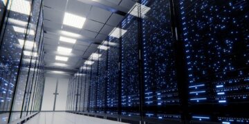 Data processing and storage center. Server room. Supercomputer. Technology.