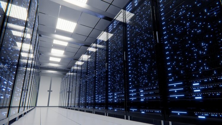 Data processing and storage center. Server room. Supercomputer. Technology.