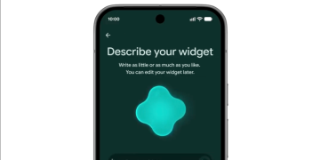 صفحه موبایل با پیام «Describe your widget» همراه با فیلد ورودی برای توضیح ویجت در رابط کاربری اندروید.