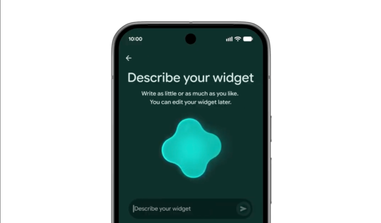صفحه موبایل با پیام «Describe your widget» همراه با فیلد ورودی برای توضیح ویجت در رابط کاربری اندروید.
