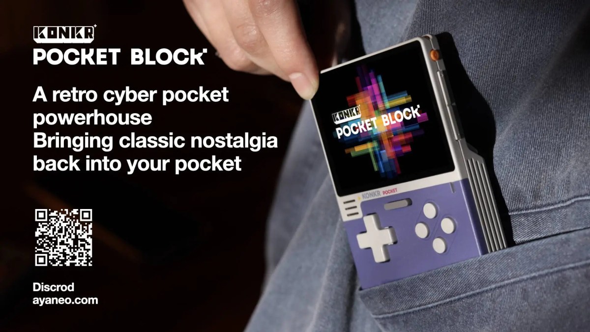 کنسول دستی رترو و سایبرپانک AYANEO Konkr Pocket Block در داخل جیب شلوار؛ تأکید بر قابلیت حمل فوقالعاده و طراحی مینیمال دستگاه