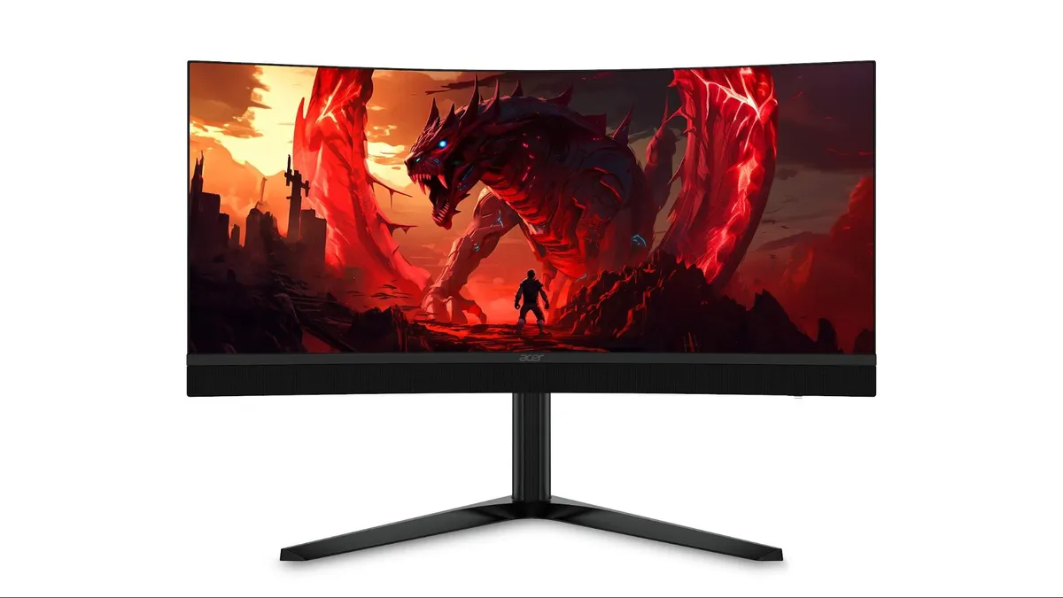 نمای کامل از مانیتور گیمینگ خمیده Acer با پایه مشکی، در حال نمایش تصویر پسزمینه یک اژدهای قرمز و مبارز در دنیای فانتزی