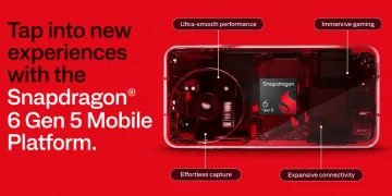 پوستر معرفی پلتفرم موبایلی Snapdragon 6 Gen 5 کوالکام با تصویر داخلی گوشی و اشاره به قابلیت‌های عملکرد روان، گیمینگ沉 immersive، ثبت effortless و اتصال گسترده.