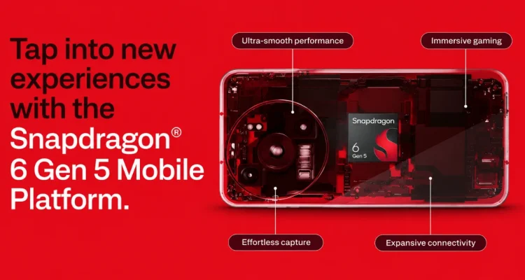 پوستر معرفی پلتفرم موبایلی Snapdragon 6 Gen 5 کوالکام با تصویر داخلی گوشی و اشاره به قابلیت‌های عملکرد روان، گیمینگ沉 immersive، ثبت effortless و اتصال گسترده.