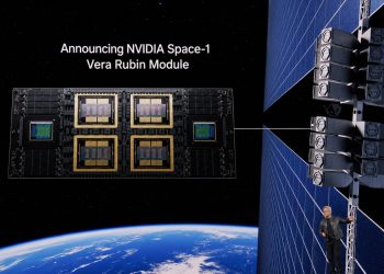 تصویری مفهومی از ماژول فضایی NVIDIA Space-1 Vera Rubin در کنار یک ماهواره خورشیدی برای پردازش هوش مصنوعی در مدار زمین