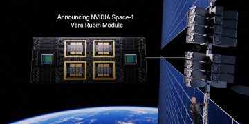 تصویری مفهومی از ماژول فضایی NVIDIA Space-1 Vera Rubin در کنار یک ماهواره خورشیدی برای پردازش هوش مصنوعی در مدار زمین