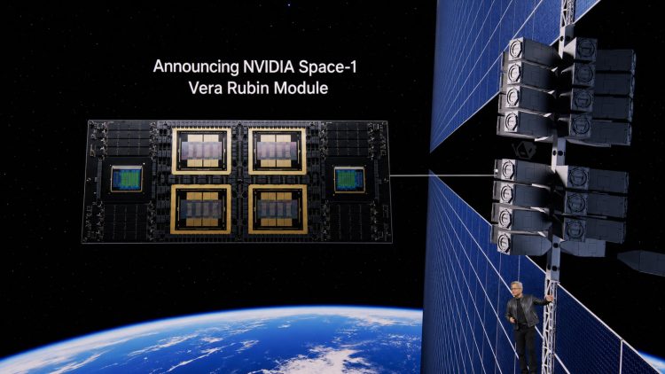تصویری مفهومی از ماژول فضایی NVIDIA Space-1 Vera Rubin در کنار یک ماهواره خورشیدی برای پردازش هوش مصنوعی در مدار زمین