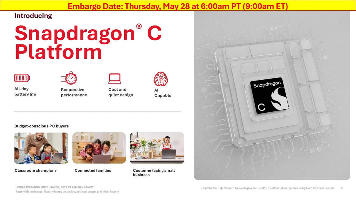 اسلاید معرفی رسمی پلتفرم Snapdragon C کوالکام؛ شامل ویژگی‌های کلیدی مثل عمر باتری تمام‌روز، عملکرد پاسخگو، طراحی خنک و قابلیت‌های هوش مصنوعی برای خریداران لپ‌تاپ‌های اقتصادی
