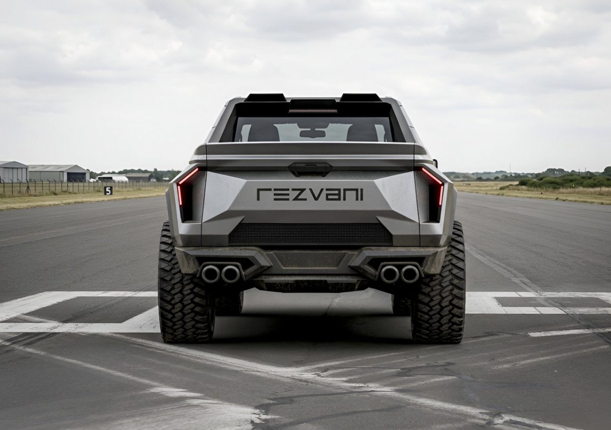 نمای عقب Rezvani Fortress 2027 با چراغ‌های عمودی LED، اگزوزهای چهارگانه و طراحی خشن بدنه