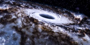 تصویرسازی هنری از سیاه‌چاله کلان‌جرم Sagittarius A* در مرکز کهکشان راه شیری با دیسک برافزایشی درخشان و ابرهای گازی پیرامون آن.