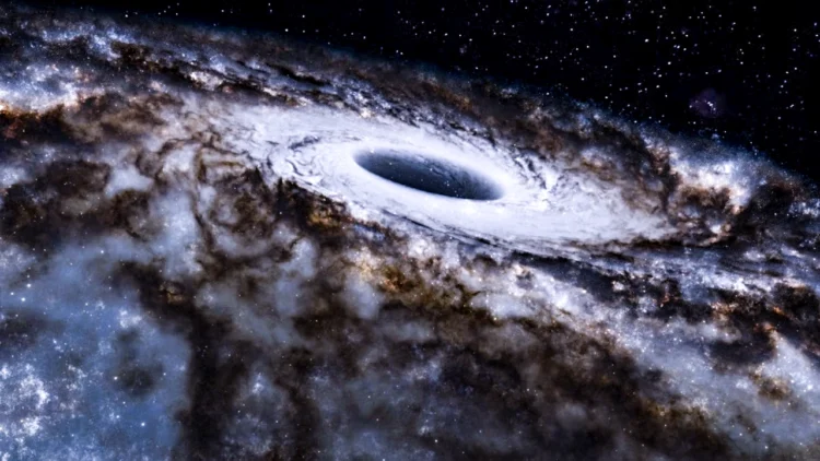 تصویرسازی هنری از سیاه‌چاله کلان‌جرم Sagittarius A* در مرکز کهکشان راه شیری با دیسک برافزایشی درخشان و ابرهای گازی پیرامون آن.