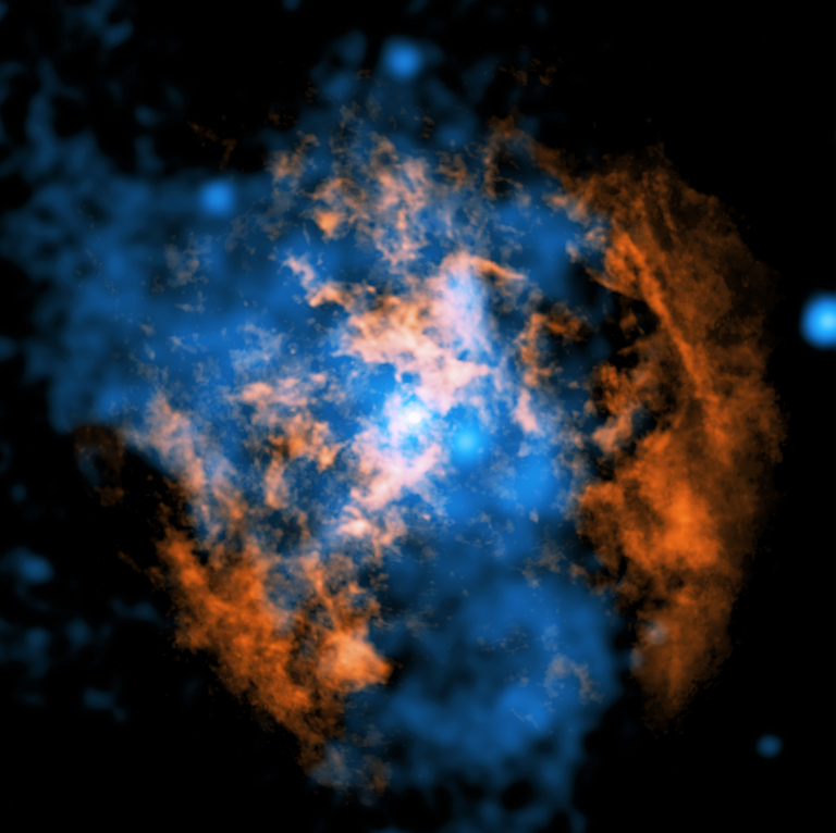 نمای داده‌های ALMA از گازهای مولکولی اطراف Sagittarius A* که حفره مخروطی‌شکل ایجادشده توسط باد داغ سیاه‌چاله مرکز راه شیری را نشان می‌دهد.