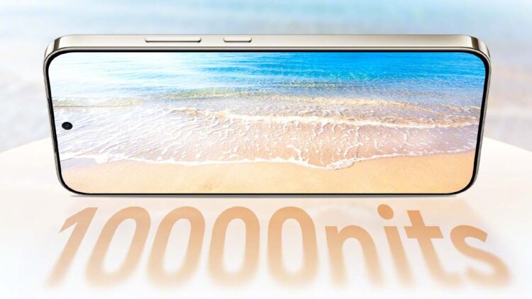نمای روبهرو از پنل نمایشگر Honor X80 Pro Max که با والپیپر ساحلی روشن شده و عدد ۱۰,۰۰۰ نیت (10000 nits) به عنوان حداکثر روشنایی نمایشگر در پایین آن درج شده است