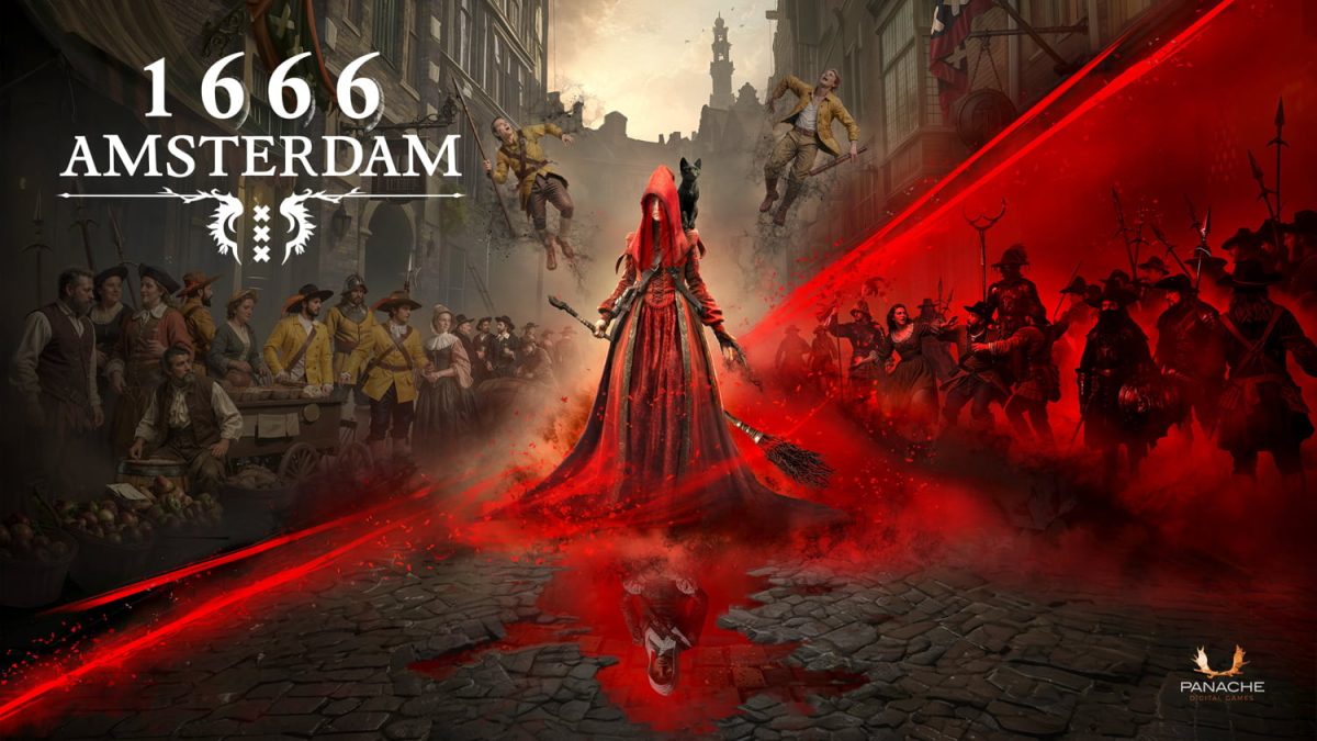 پوستر بازی 1666 Amsterdam با حضور زنی با ردای بلند قرمز و کلاه در مرکز تصویر، گربهای سیاه روی شانه او و صحنهای دوگانه از مردم شهر و سربازان در فضای مه آلود