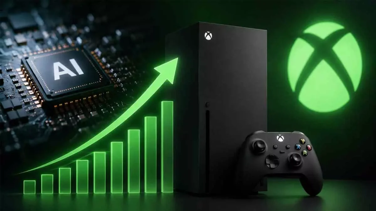کنسول XBOX Series X مشکی رنگ در کنار کنترلر بی‌سیم سبز آن؛ نمودار میله‌ای سبز با خط رشد رو به بالا و آیکون AI که نشان‌دهنده ادغام هوش مصنوعی با بازی‌های XBOX است