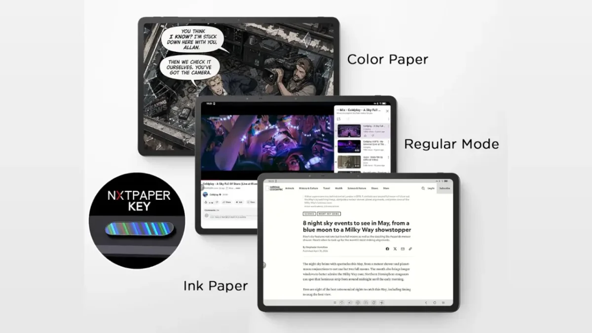 مقایسه سه حالت نمایش در تبلت TCL NXTPAPER: حالت Color Paper برای مطالعه کمیک، Regular Mode برای تماشای ویدیو و Ink Paper (سیاه و سفید) برای متون متنی؛ نمایش لوگوی NXTPAPER KEY در سمت چپ