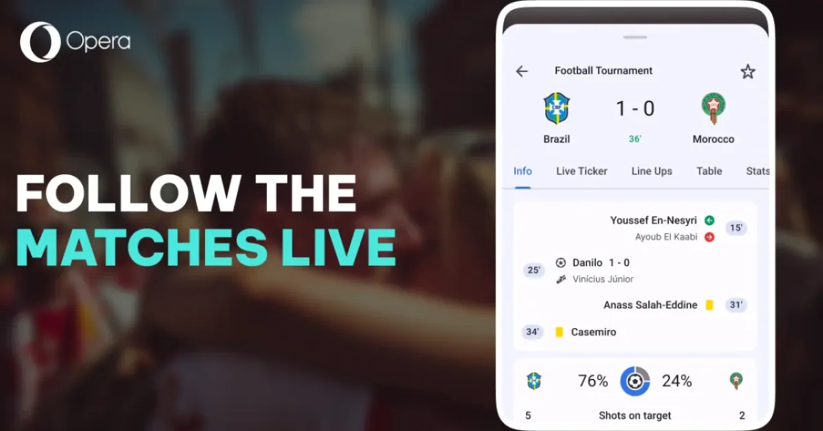 اینفوگرافیک مرورگر اپرا با تیتر Follow the Matches Live؛ در سمت راست اسکوربورد زنده مسابقه فوتبال بین برزیل و مراکش با جزئیات گلزنها، درصد مالکیت توپ و شوتها در داخل رابط کاربری مرورگر دیده میشود.