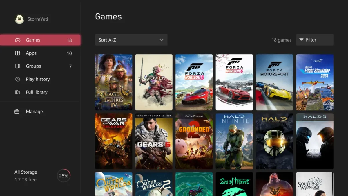 نمای کلی از منوی Games در داشبورد جدید اکس‌باکس با نام کاربری StormYeti. تایل‌های بازی‌های محبوبی مثل Forza Horizon 6، Halo Infinite، Gears 5 و Avowed با چیدمان شبکه‌ای منظم و آیکون‌های مدرن دیده می‌شوند.