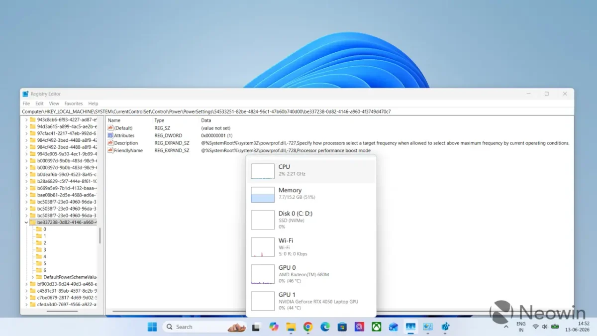 اسکرینشات از محیط ویرایشگر رجیستری ویندوز (Registry Editor) که در آن مسیر کنترل پنل برای تنظیمات PowerSettings باز شده و ویجت وضعیت سیستم شامل میزان مصرف CPU و GPU در سمت راست دیده میشود.