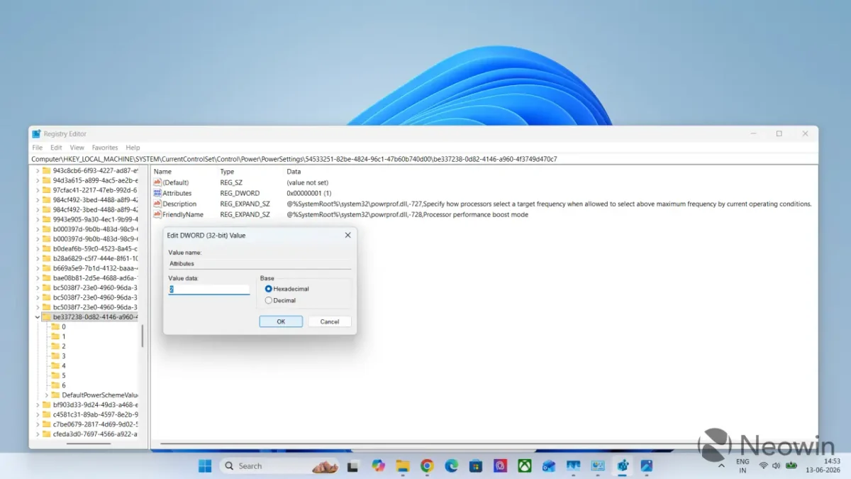 پنجره کوچک Edit DWORD Value که در آن مقدار عددی Value data از ۱ به ۲ تغییر یافته است تا قابلیت بوست پردازنده در تنظیمات ویندوز ۱۱ فعال شود