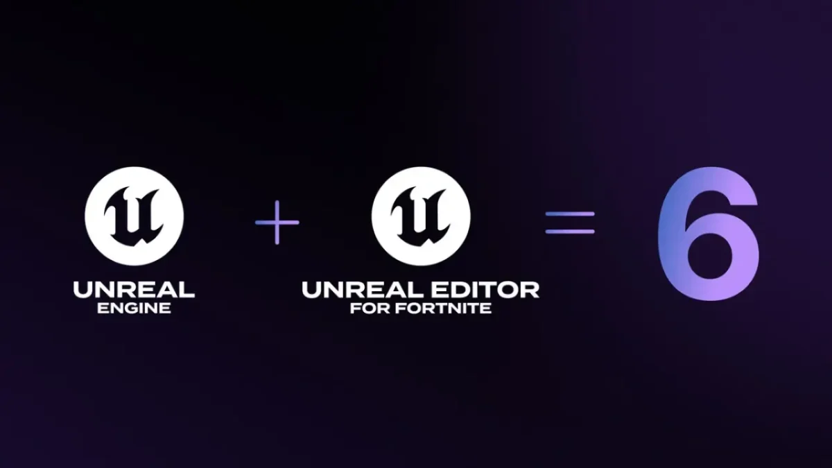 اینفوگرافیک نمایش‌دهنده ترکیب لوگوی Unreal Engine و Unreal Editor for Fortnite (UEFN) که در نهایت به عدد ۶ بنفش‌رنگ به نشانه Unreal Engine 6 ختم می‌شود.