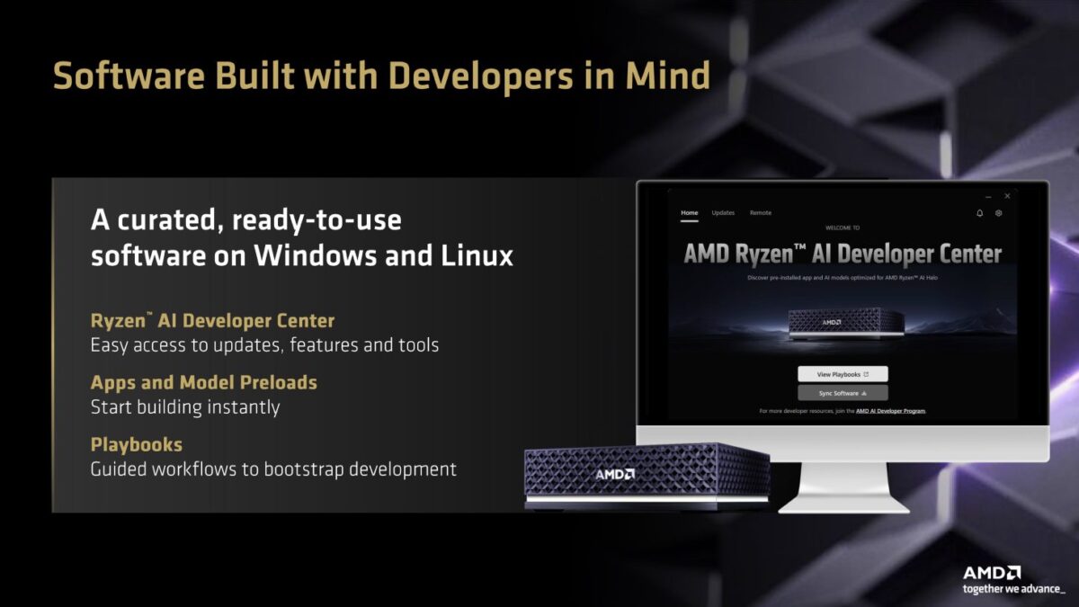 تصویر تبلیغاتی معرفی مرکز توسعهدهندگان AMD Ryzen AI (Developer Center) که رابط کاربری نرمافزار را روی یک مانیتور نشان میدهد. متن بر قابلیت اجرای نرمافزارهای آماده روی ویندوز و لینوکس تأکید دارد.
