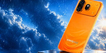 گوشی Coolpad Cool 80 نارنجی روی یک سطح فلزی خیس در زیر باران و نور خورشید