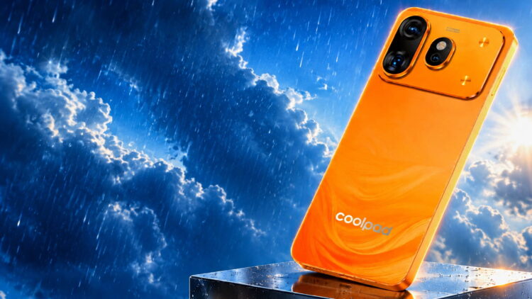 گوشی Coolpad Cool 80 نارنجی روی یک سطح فلزی خیس در زیر باران و نور خورشید