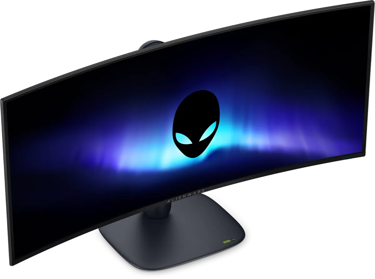 نمای از بالای مانیتور اولتراواید و خمیده Alienware که لوگوی معروف سر بیگانه (Alien) را روی پسزمینه بنفش و آبی درخشان نشان میدهد؛ پایه مشکی مات با برچسب Nvidia G-Sync