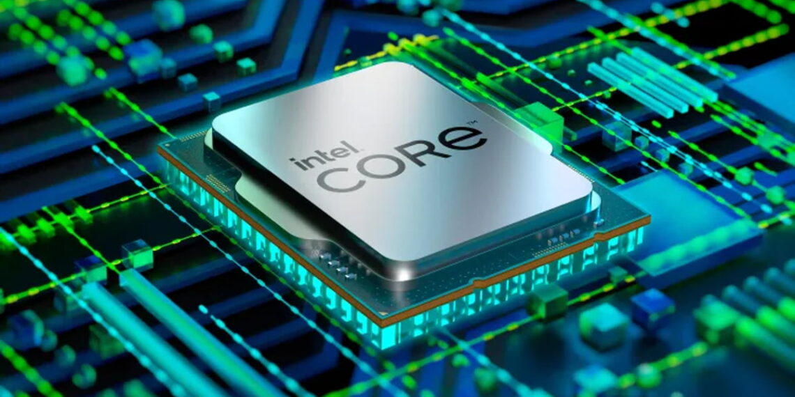 رندر سه‌بعدی و فوتورئالیستیک از یک پردازنده Intel Core که روی یک مدار چاپی (PCB) پیشرفته با خطوط نوری سبز و آبی قرار گرفته است. عبارت intel CORE روی بدنه فلزی پردازنده می‌درخشد