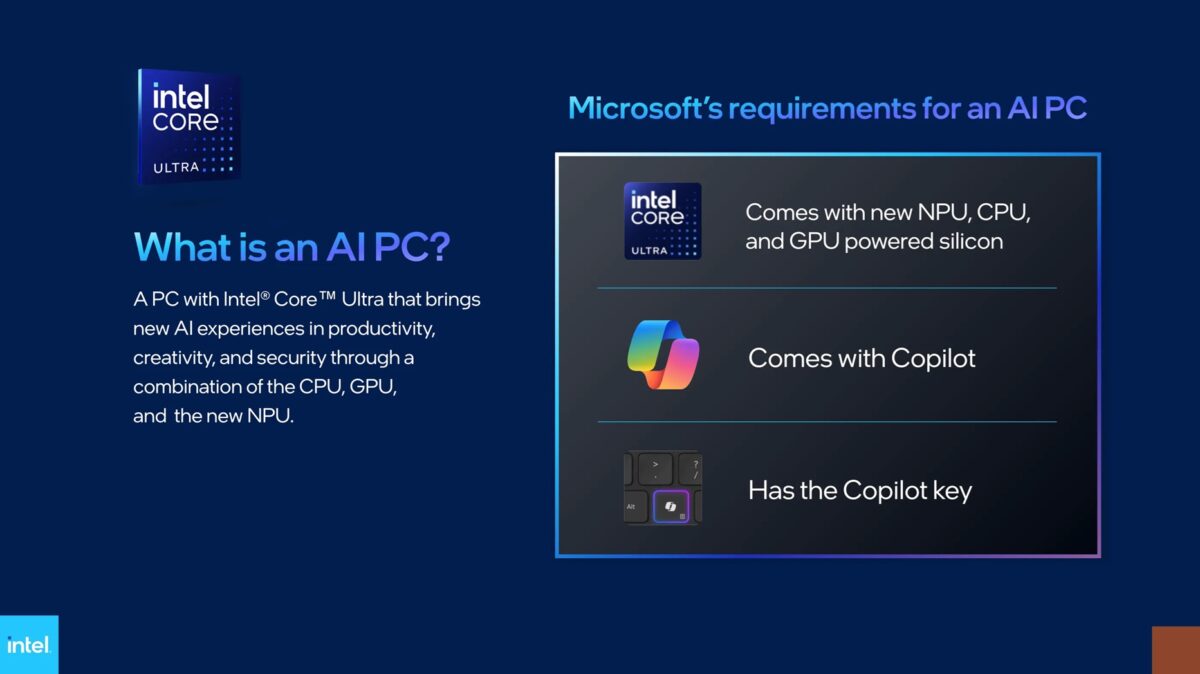 اینفوگرافیک رسمی اینتل با عنوان What is an AI PC? که سه شرط اصلی مایکروسافت را فهرست کرده است: ۱. مجهز بودن به سیلیکون‌های NPU، CPU و GPU جدید (Intel Core Ultra)، ۲. بهره‌مندی از دستیار هوشمند Copilot، ۳. داشتن کلید اختصاصی Copilot روی کیبورد