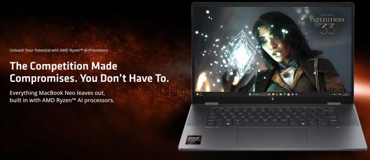 بنر تبلیغاتی لپتاپ HP با پردازنده AMD Ryzen AI که روی نمایشگر آن تصویر یک بازی نقشآفرینی (RPG) دیده میشود. متن بنر به عدم نیاز به سازش (Compromise) اشاره دارد و برتری امکانات HP را نسبت به آنچه اپل در مکبوک حذف کرده، برجسته میکند