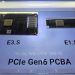 مقایسه فیزیکی دو برد مدار چاپی PCIe Gen6 PCBA در استانداردهای E3.S (پهن) و E1.S (باریک) با چیپ‌های Phison در محفظه نمایشگاهی