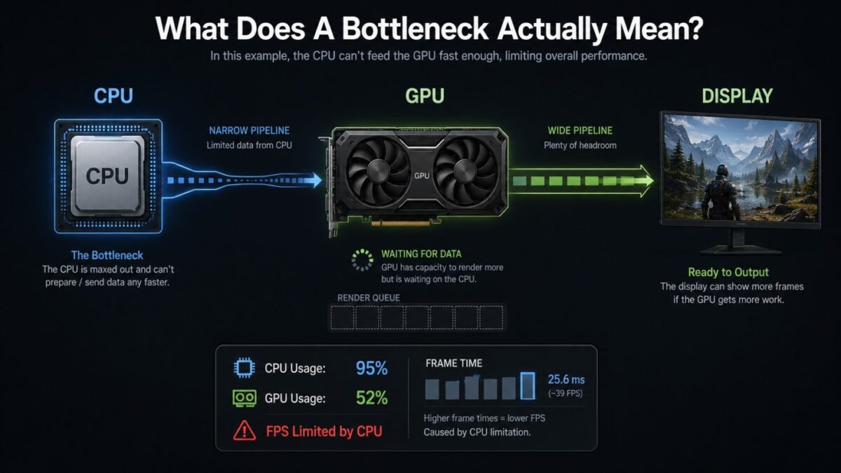 دیاگرام فنی مفهوم گلوگاه (Bottleneck)؛ نمایشِ محدودیتِ انتقال داده از CPU به GPU و تأثیر آن بر خروجی نمایشگر