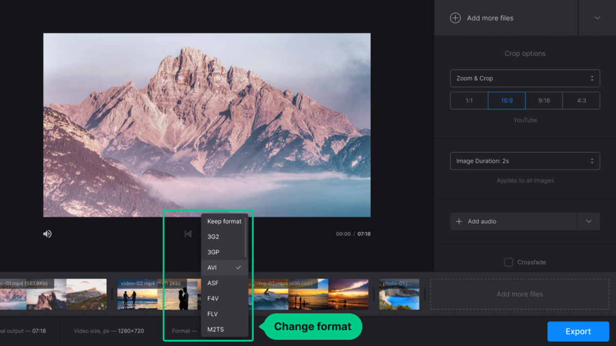 Clideo یکی از شناختهشدهترین سرویسهای فشرده سازی آنلاین ویدیو است که از قالبهایی مانند MP4، MOV و AVI پشتیبانی میکند.