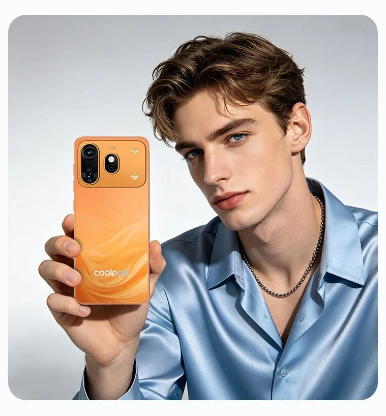 یک جوان در حال نمایش گوشی Coolpad Cool 80 با پنل پشتی نارنجی و ماژول دوربین دوگانه در محیط استودیویی