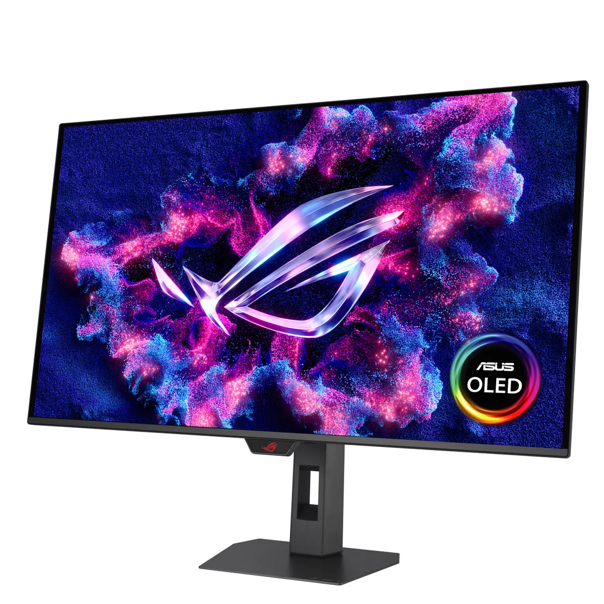 مانیتور گیمینگ ASUS ROG Swift OLED با کیفیت تصویر خیره‌کننده و کنتراست بالا؛ نمایش لوگوی OLED ایسوس در گوشه تصویر و والپیپر انتزاعی بنفش و صورتی