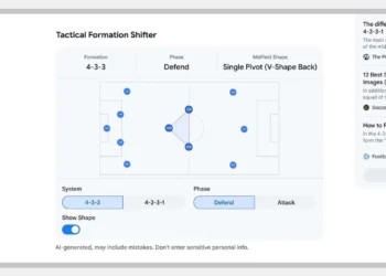 یک ابزار تعاملی هوش مصنوعی با عنوان Tactical Formation Shifter که چیدمان ۴-۳-۳ یک تیم فوتبال را در فاز دفاعی نشان می‌دهد. کاربر می‌تواند بین سیستم‌های مختلف جابه‌جا شده و تغییر شکل میان‌برنامه (Midfield Shape) را به صورت گرافیکی مشاهده کند