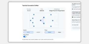 یک ابزار تعاملی هوش مصنوعی با عنوان Tactical Formation Shifter که چیدمان ۴-۳-۳ یک تیم فوتبال را در فاز دفاعی نشان می‌دهد. کاربر می‌تواند بین سیستم‌های مختلف جابه‌جا شده و تغییر شکل میان‌برنامه (Midfield Shape) را به صورت گرافیکی مشاهده کند