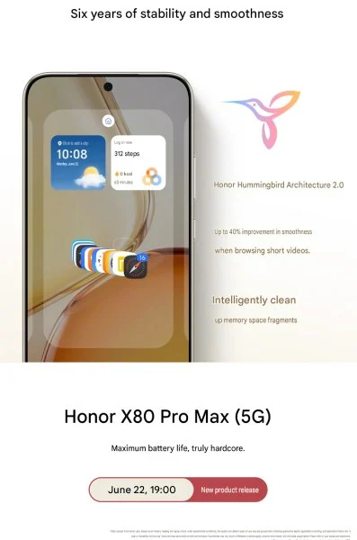 تصویر رابط کاربری Honor X80 Pro Max با نمایش لوگوی Hummingbird Architecture 2.0، نشاندهنده ابزارهای مدیریت حافظه و بهبود ۴۰ درصدی روانی سیستم عامل