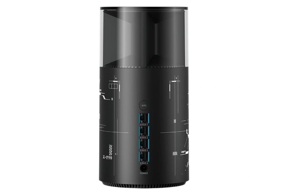 نمای پشت روتر Huawei Router X1 Gaming Edition با طراحی استوانه‌ای؛ دکمه WPS و چند پورت اترنت آبی‌رنگ در یک ستون عمودی روی بدنه