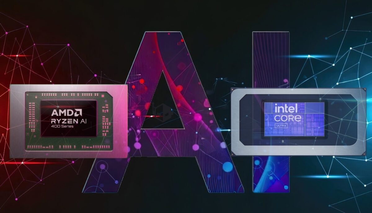 تصویر گرافیکی ترکیبی که پردازندههای AMD Ryzen AI سری ۴۰۰ و Intel Core Ultra را در کنار هم نشان میدهد، در حالی که کلمه بزرگ AI در پسزمینه با افکتهای نوری مدرن خودنمایی میکند.