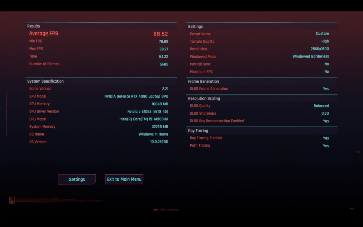 پنل آماری عملکرد (Stats Overlay) در بازی Cyberpunk 2077 روی دستگاهی با تراشه Snapdragon X2 Elite؛ نمایش نرخ ۳۰ تا ۴۰ فریم در ثانیه با کیفیت متوسط و رزولوشن 1080p.
