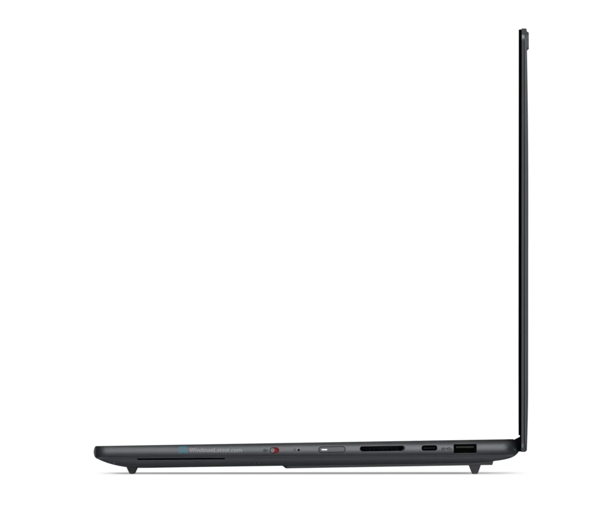 نمای نیم‌رخ از سمت راست لپ‌تاپ لنوو یوگا پرو ۹ که شامل خروجی HDMI، پورت USB-A، درگاه USB-C و جک ۳.۵ میلی‌متری صدا در لبه باریک دستگاه است