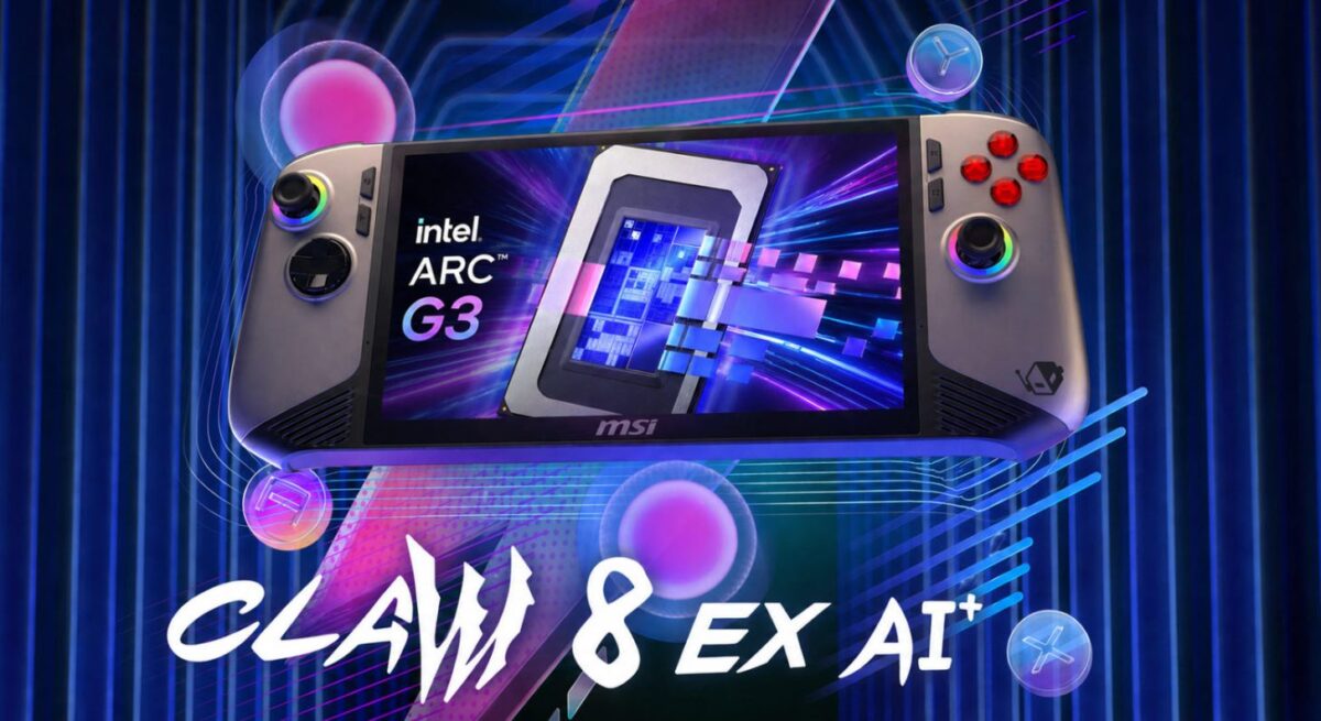 کنسول گیمینگ دستی MSI Claw 8 EX AI+ با بدنه خاکستری و دکمههای قرمز، که روی نمایشگر آن لوگوی پردازنده گرافیکی Intel ARC G3 و معماری داخلی چیپست دیده میشود