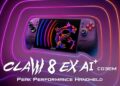 نمای روبرو از کنسول دستی MSI Claw 8 EX AI+ با نورپردازی RGB در اطراف جویاستیکها و لوگوی اژدهای MSI روی صفحه نمایش، محصور در خطوط نئونی بنفش و نارنجی با شعار Peak Performance Handheld