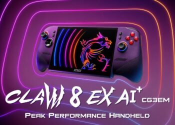 نمای روبرو از کنسول دستی MSI Claw 8 EX AI+ با نورپردازی RGB در اطراف جویاستیکها و لوگوی اژدهای MSI روی صفحه نمایش، محصور در خطوط نئونی بنفش و نارنجی با شعار Peak Performance Handheld